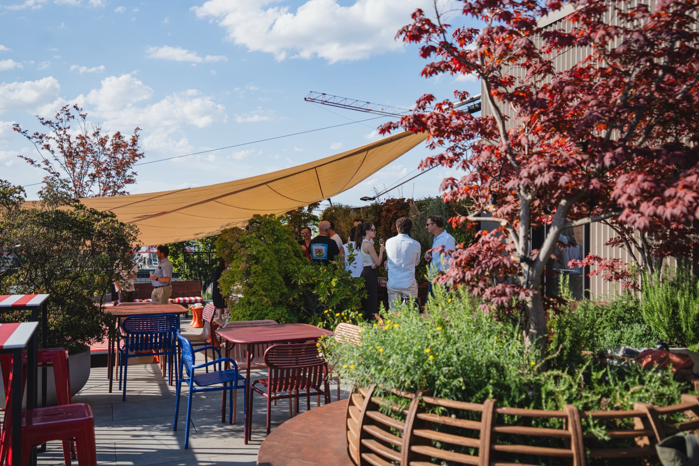 The terrace at a 212° collective gathering, with people talking in the sun